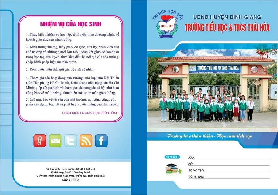 Vở kẻ ngang Trường Tiểu học & THCS Thái Hòa, huyện Bình Giang (Kẻ ngang, 80 trang)