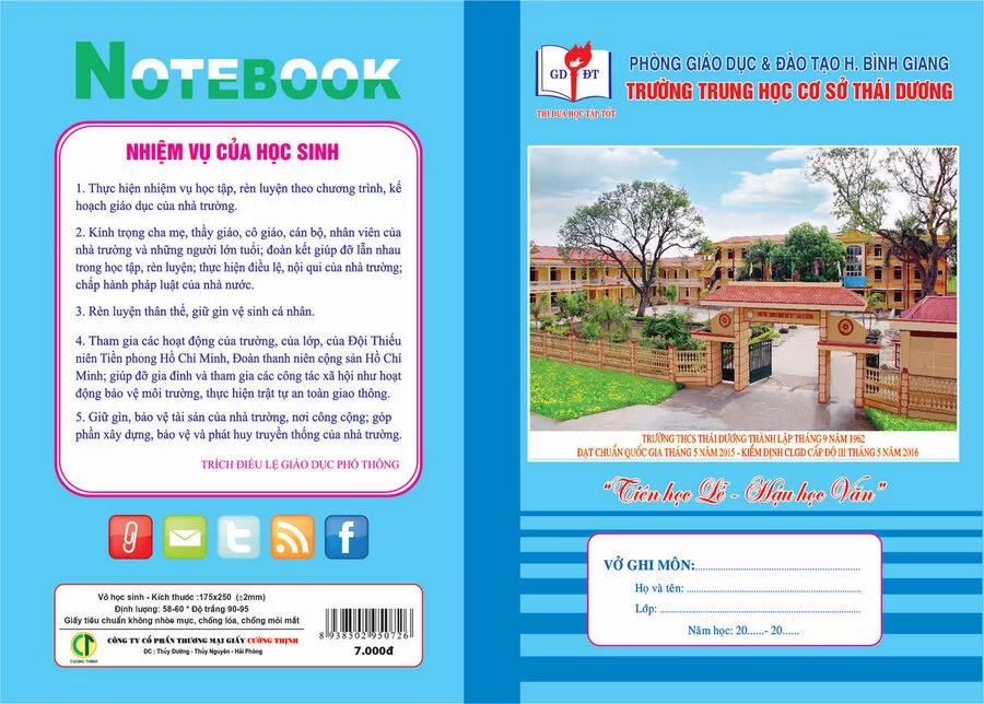 Vở kẻ ngang Trường THCS Thái Dương, huyện Bình Giang (Kẻ ngang, 80 trang)